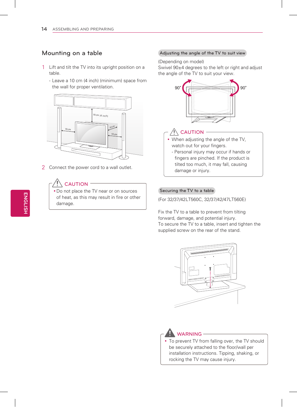 Mounting on a table | LG 26LT560C User Manual | Page 14 / 36