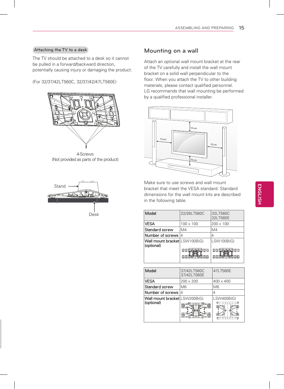 Mounting on a wall | LG 26LT560C User Manual | Page 15 / 36