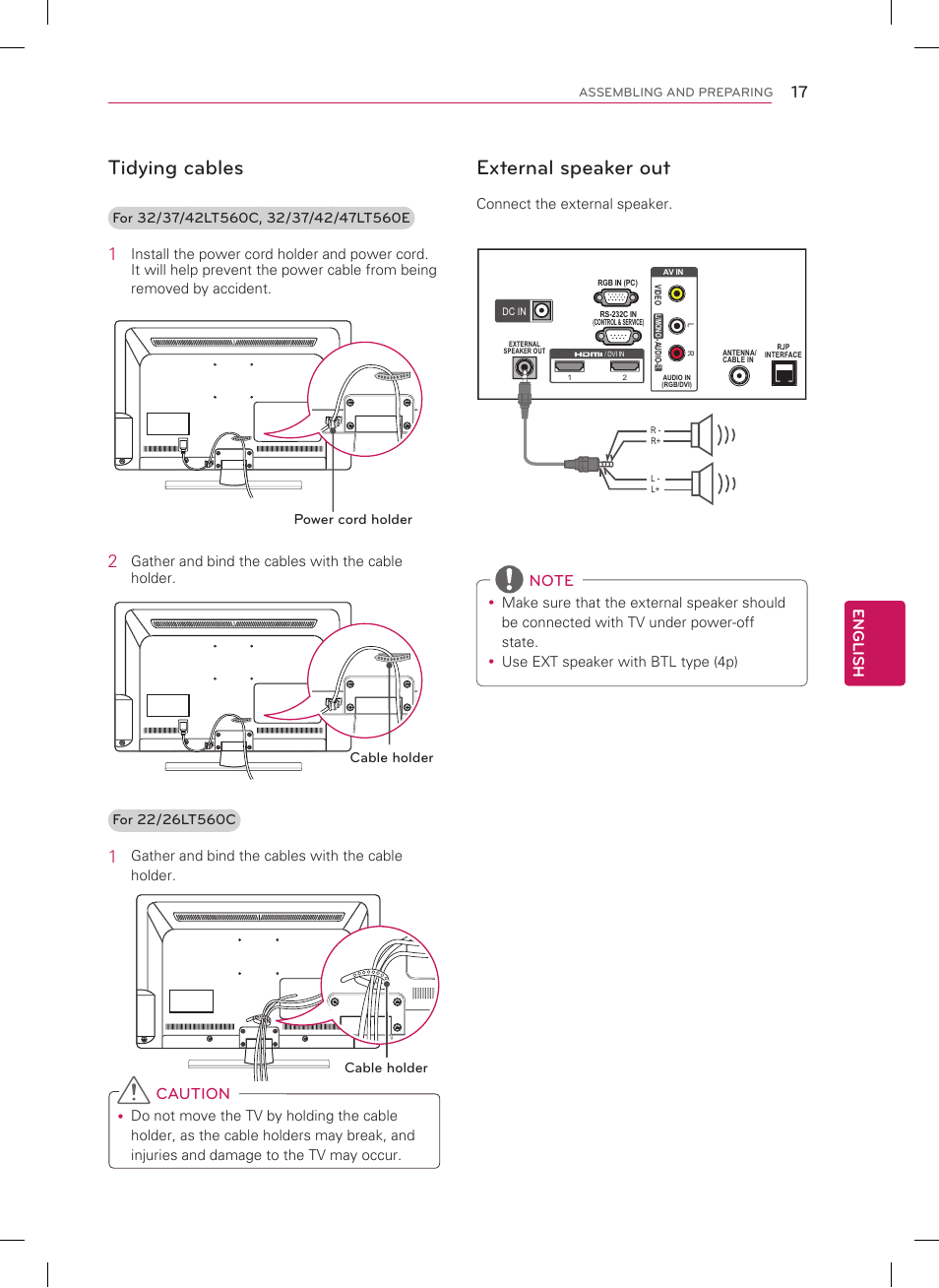 Tidying cables, External speaker out, English | Caution | LG 26LT560C User Manual | Page 17 / 36