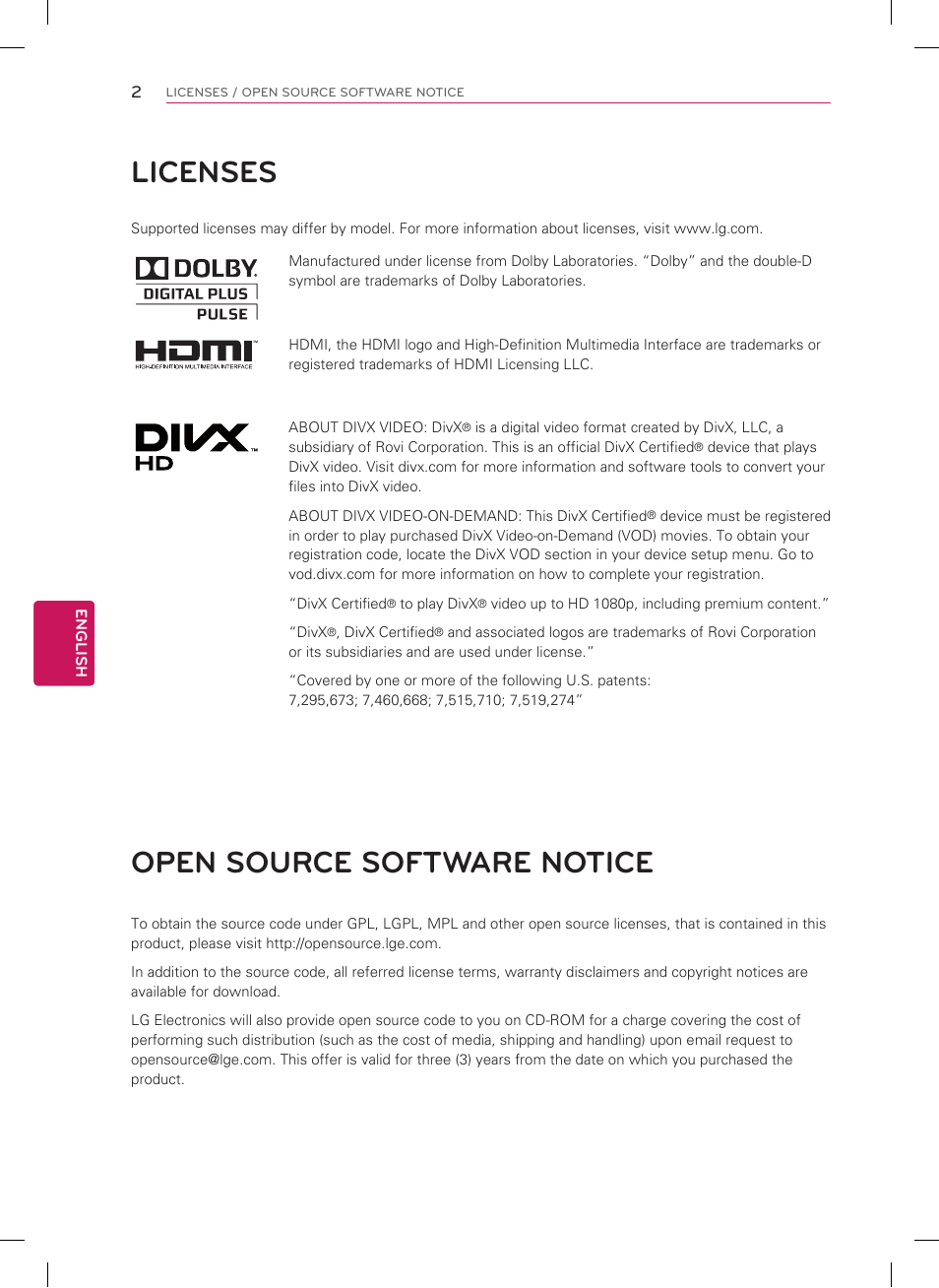 Licenses, Open source software notice | LG 26LT560C User Manual | Page 2 / 36