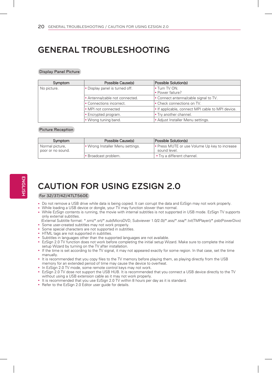 General troubleshooting, Caution for using ezsign 2.0 | LG 26LT560C User Manual | Page 20 / 36