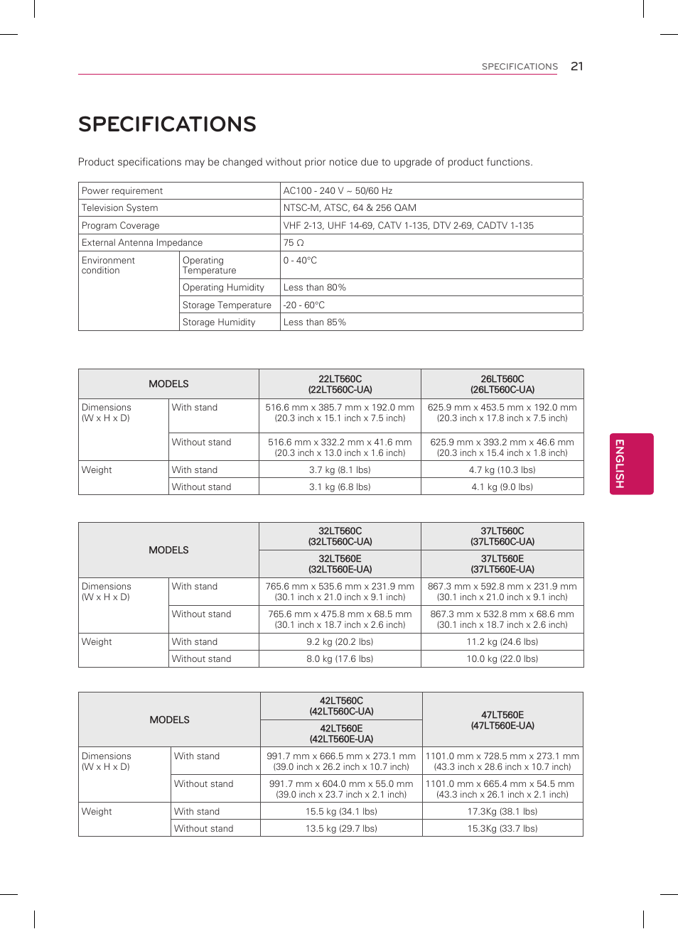 Specifications | LG 26LT560C User Manual | Page 21 / 36