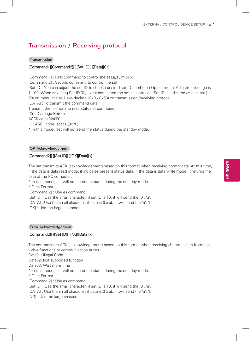 Transmission / receiving protocol | LG 26LT560C User Manual | Page 27 / 36