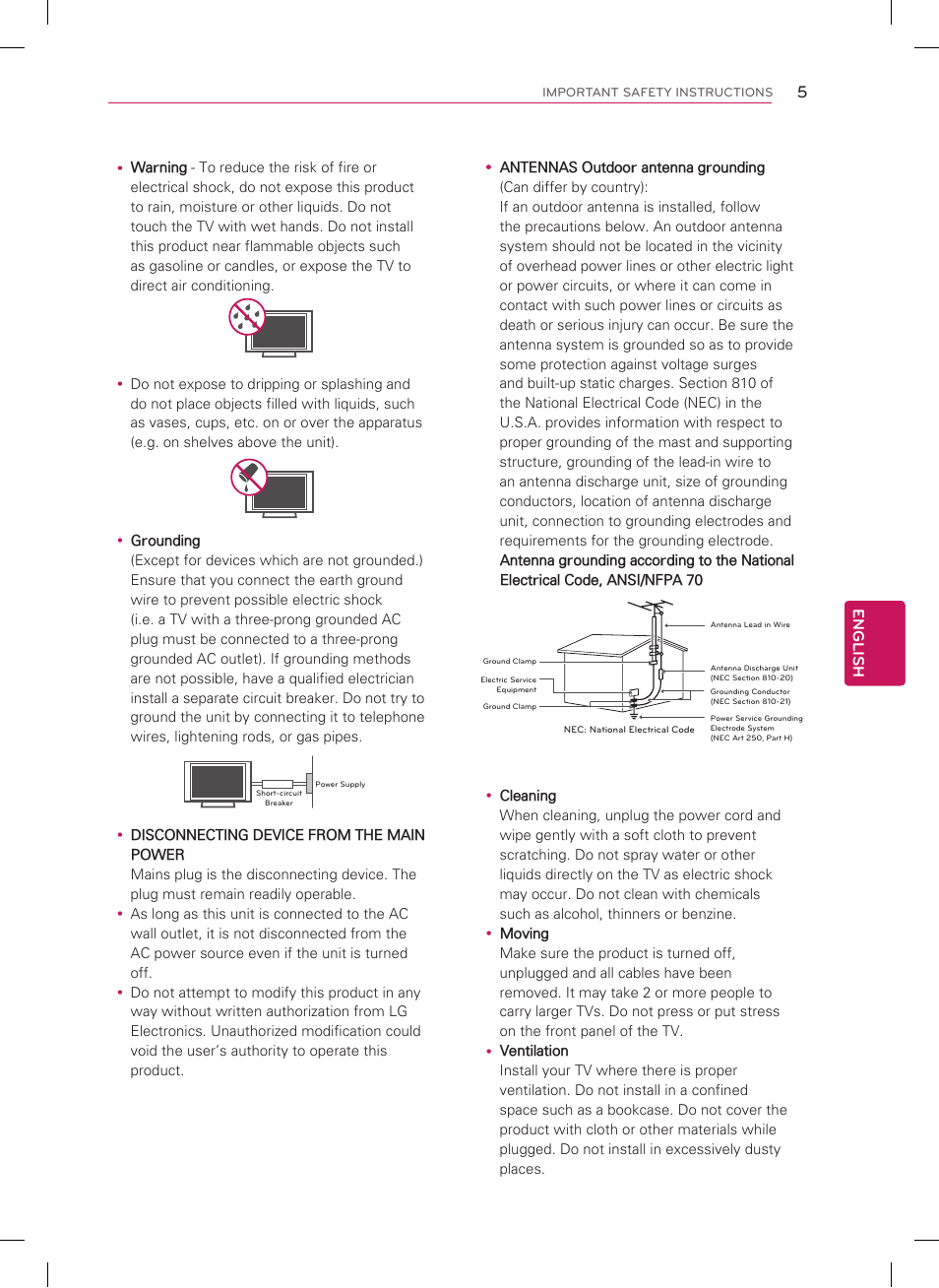 Short-circuit breaker power supply, English | LG 26LT560C User Manual | Page 5 / 36