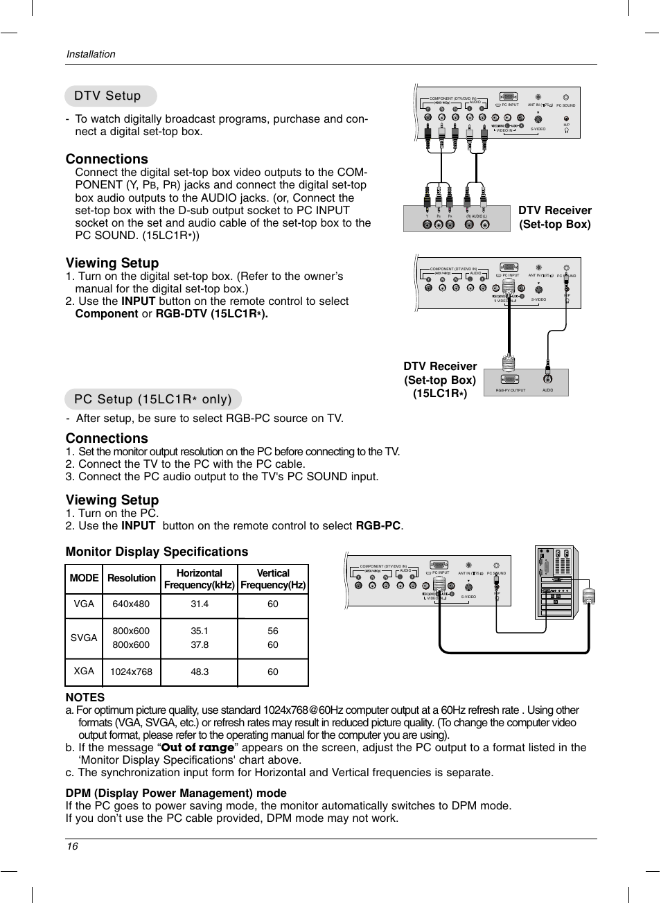 Connections, Viewing setup, Pc setup (15lc1r | Pc setup (15lc1r * * only) only), Dtv setup, Monitor display specifications, After setup, be sure to select rgb-pc source on tv, Dtv receiver (set-top box) (15lc1r*) | LG 15LC1R User Manual | Page 16 / 36