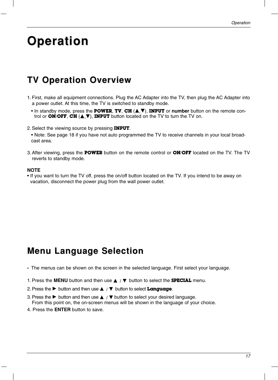 Operation, Menu language selection | LG 15LC1R User Manual | Page 17 / 36