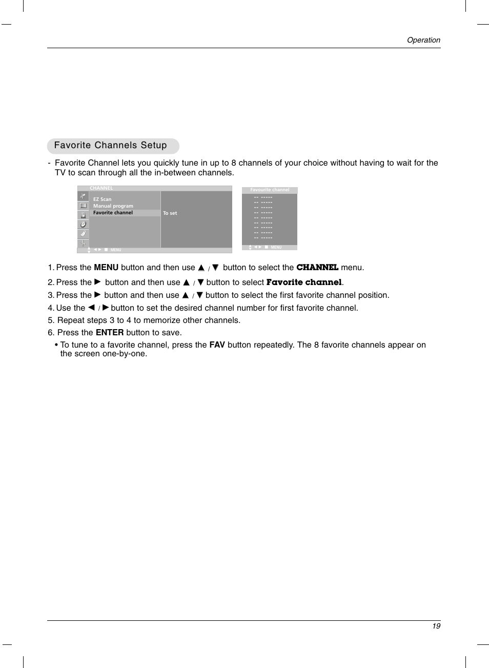 Favorite channels setup | LG 15LC1R User Manual | Page 19 / 36