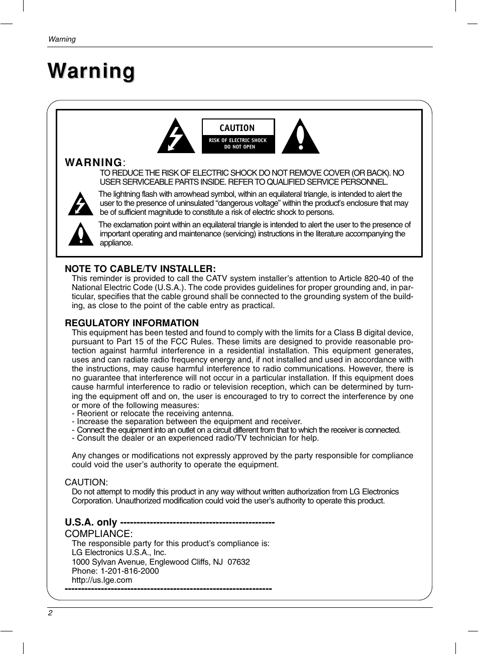 Warning arning | LG 15LC1R User Manual | Page 2 / 36