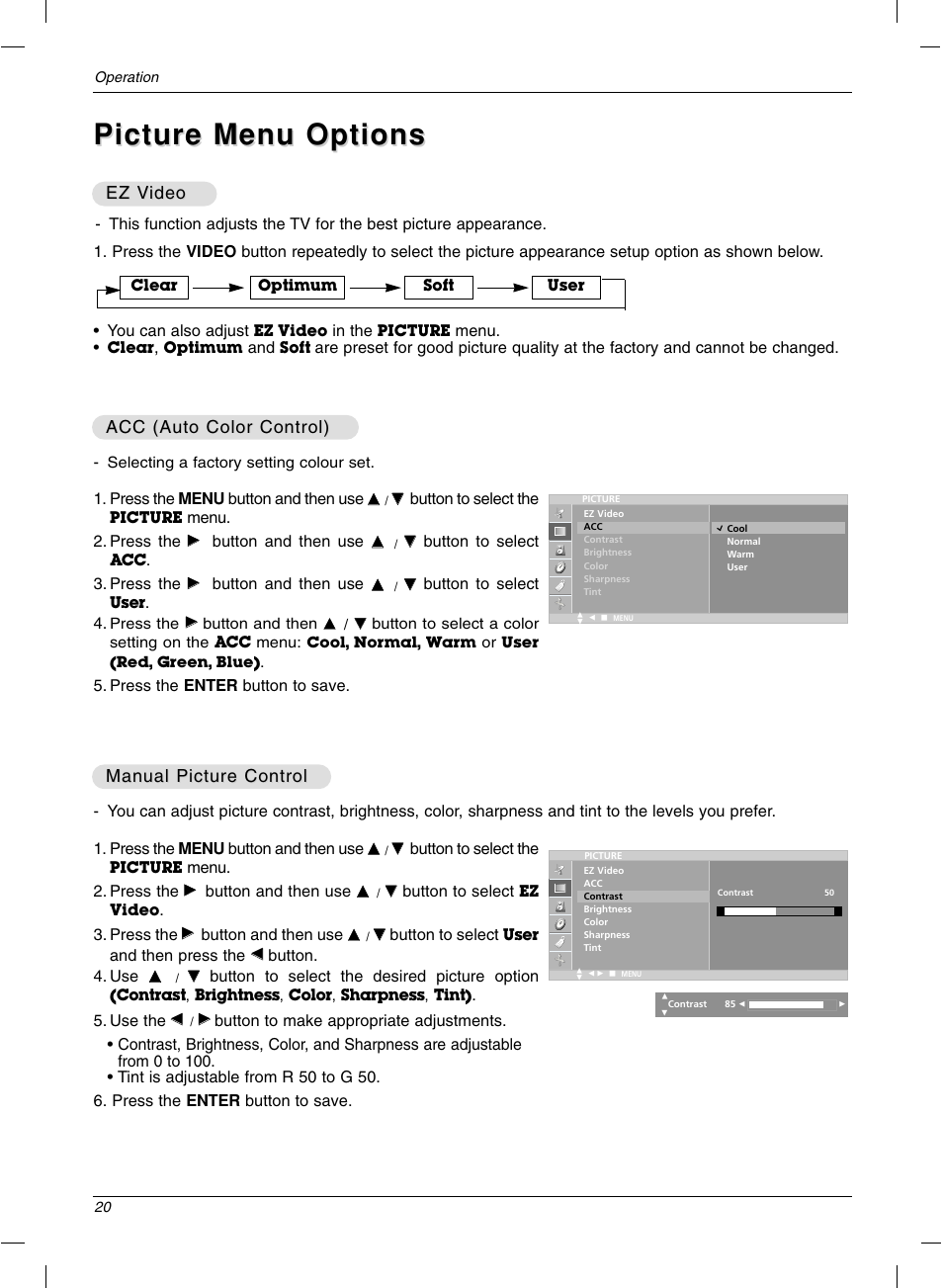 Picture menu options, Ez v, Acc (auto color control) | LG 15LC1R User Manual | Page 20 / 36