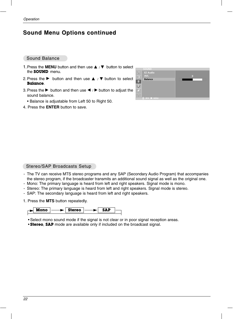 Sound menu options continued, Stereo/sap, Stereo/sap broadcasts setup broadcasts setup | Sound balance | LG 15LC1R User Manual | Page 22 / 36