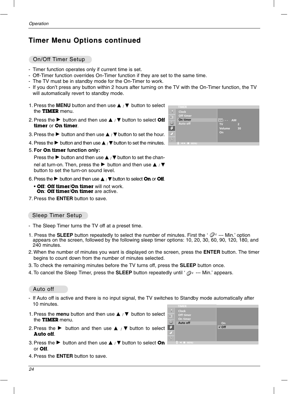 On/of, Sleep, Sleep t t imer setup imer setup | Auto of, Auto of f f | LG 15LC1R User Manual | Page 24 / 36