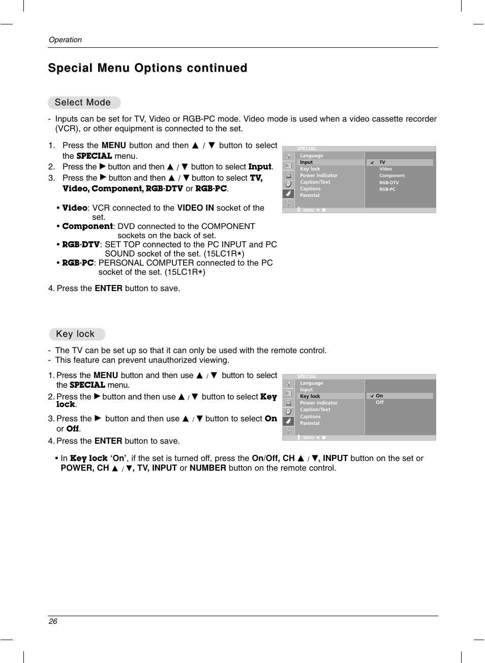 Special menu options continued, Key lock, Select mode | LG 15LC1R User Manual | Page 26 / 36