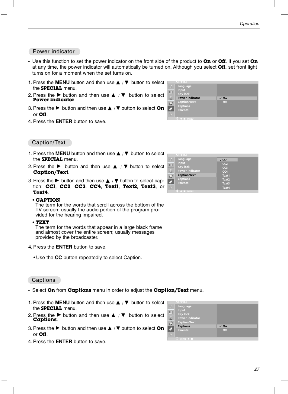 Power indicator, Caption/t, Caption/t ext ext | Captions | LG 15LC1R User Manual | Page 27 / 36