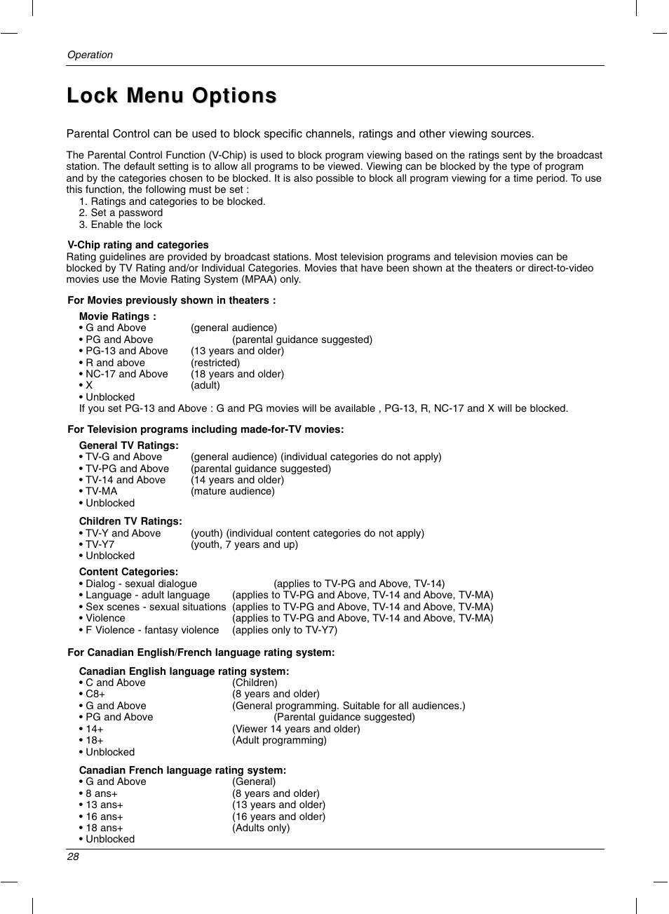Lock menu options | LG 15LC1R User Manual | Page 28 / 36
