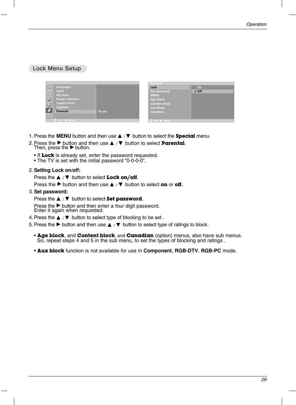 Lock menu setup | LG 15LC1R User Manual | Page 29 / 36