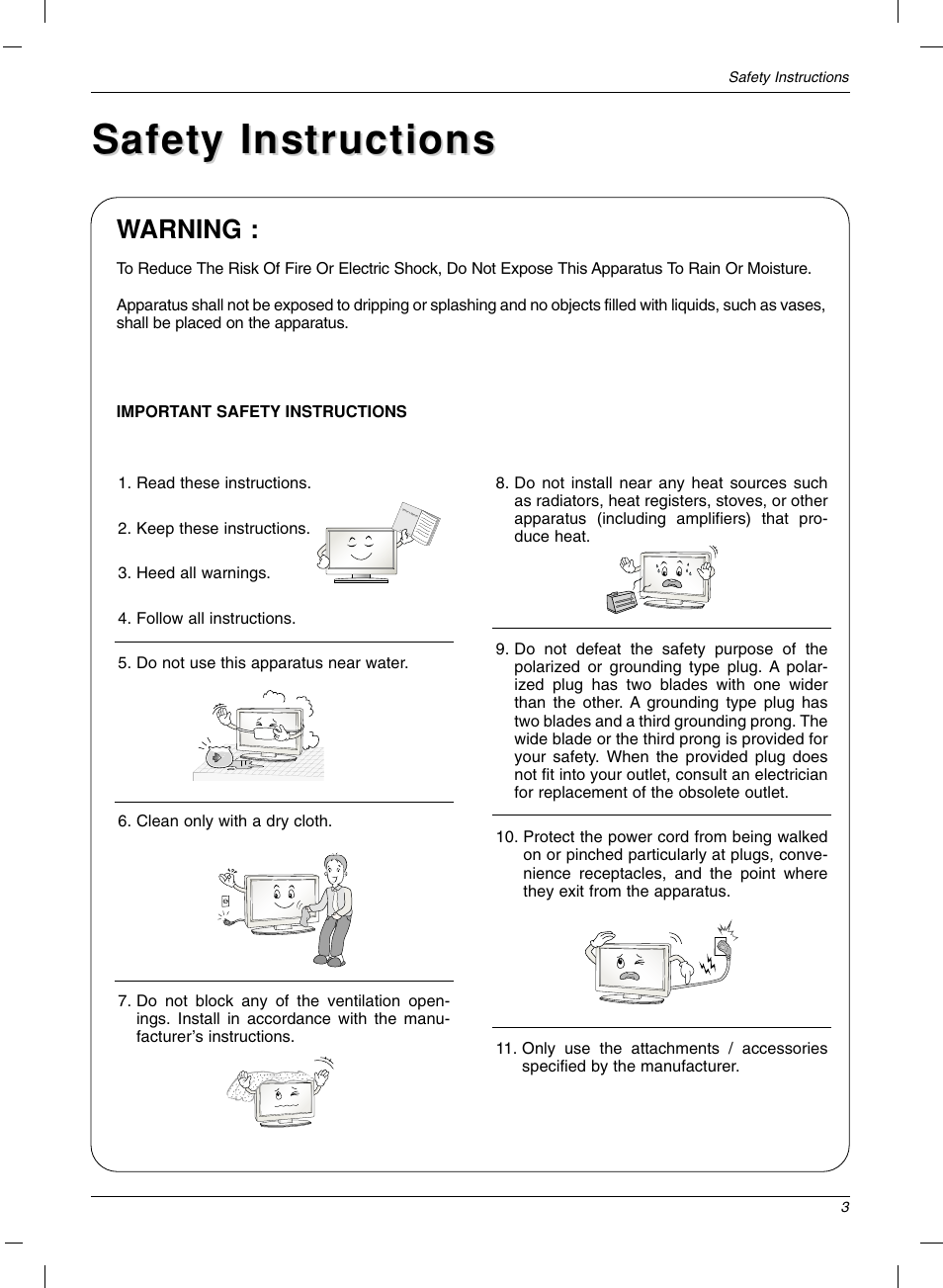 Safety instructions, Warning | LG 15LC1R User Manual | Page 3 / 36