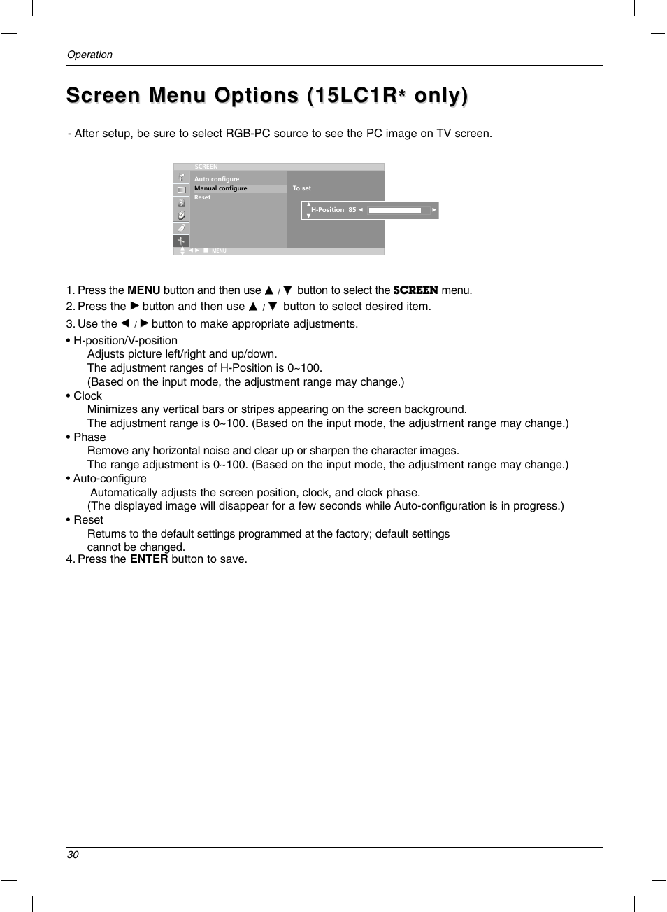 Screen menu options (15lc1r, Screen menu options (15lc1r * * only) only) | LG 15LC1R User Manual | Page 30 / 36
