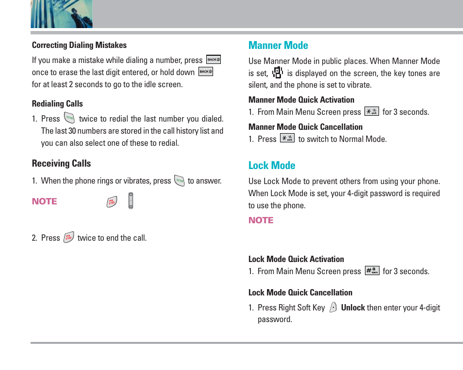 Getting started with your phone, Manner mode, Lock mode | LG 4270 User Manual | Page 17 / 88