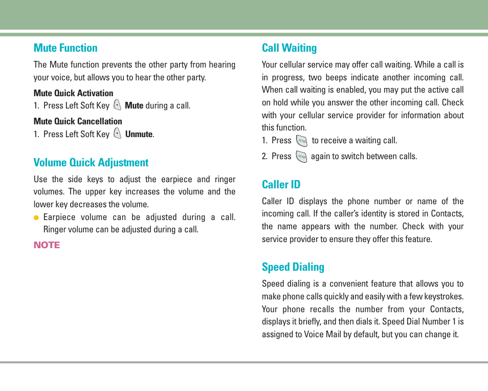 Quick access to convenient features, Mute function, Volume quick adjustment | Call waiting, Caller id, Speed dialing | LG 4270 User Manual | Page 18 / 88