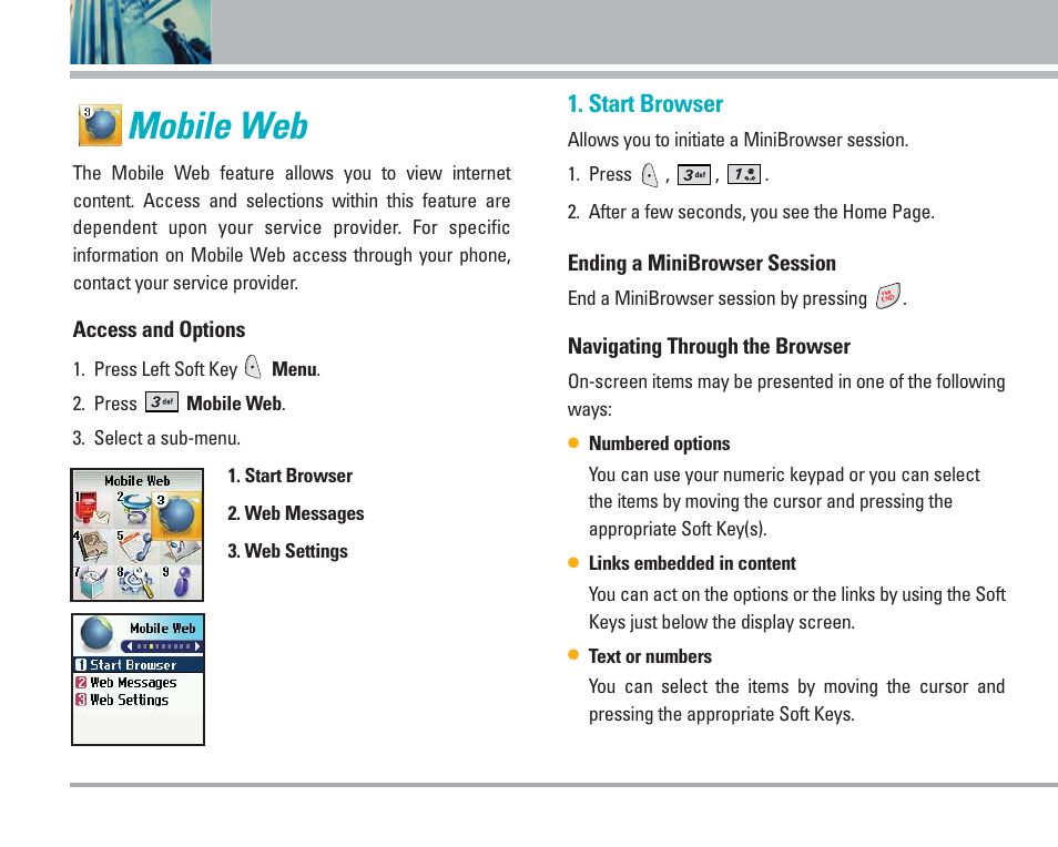 Mobile web, Using phone menus, Start browser | LG 4270 User Manual | Page 43 / 88