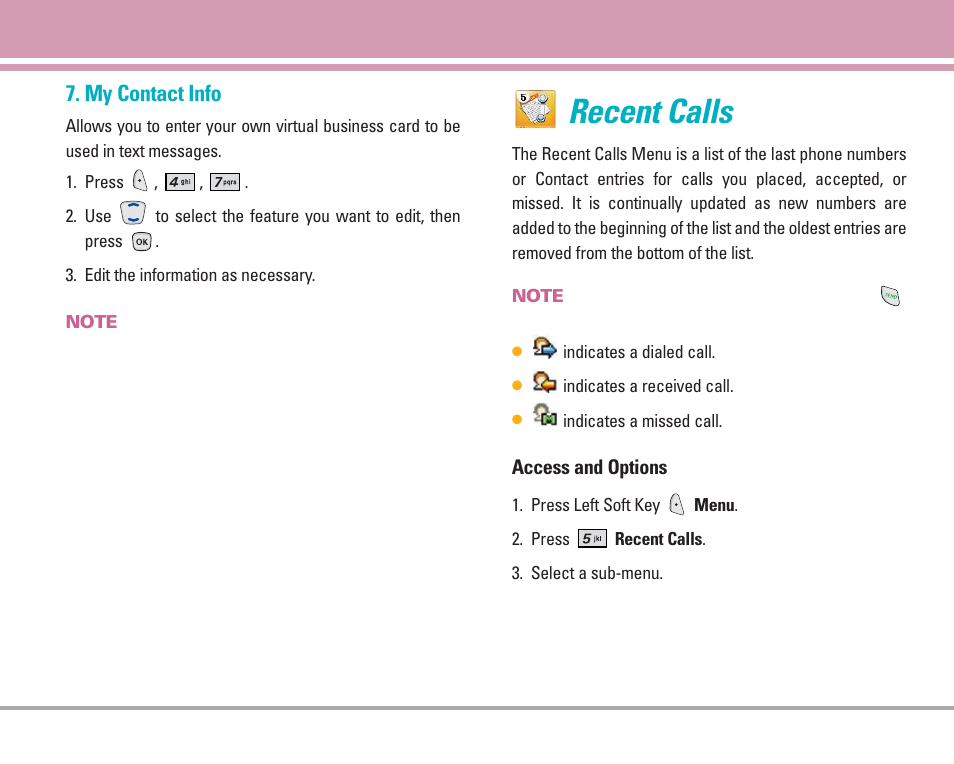 Recent calls, My contact info | LG 4270 User Manual | Page 48 / 88