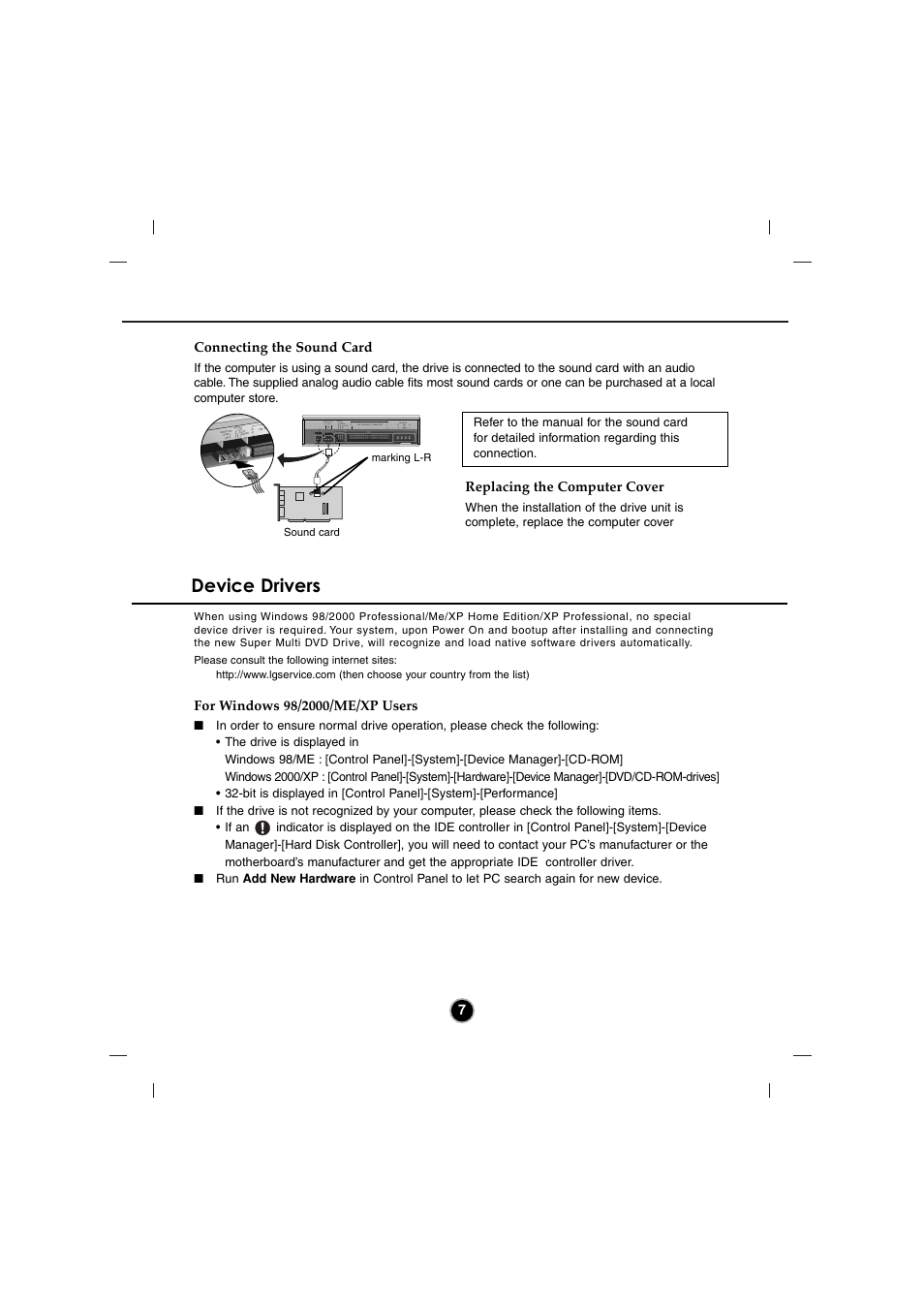 Device drivers, 7connecting the sound card, Replacing the computer cover | LG GSA-4082B User Manual | Page 10 / 14