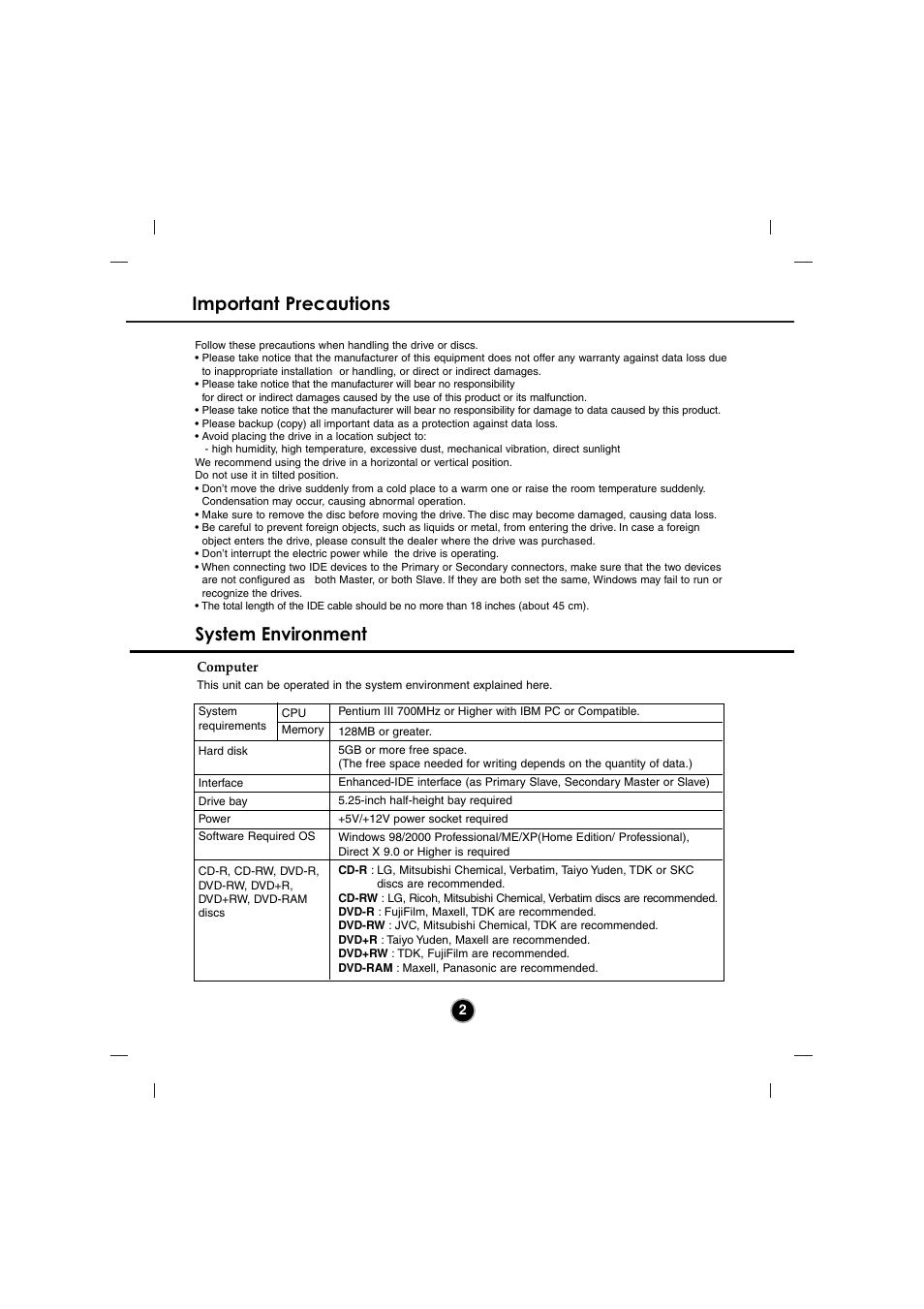 Important precautions, System environment | LG GSA-4082B User Manual | Page 5 / 14