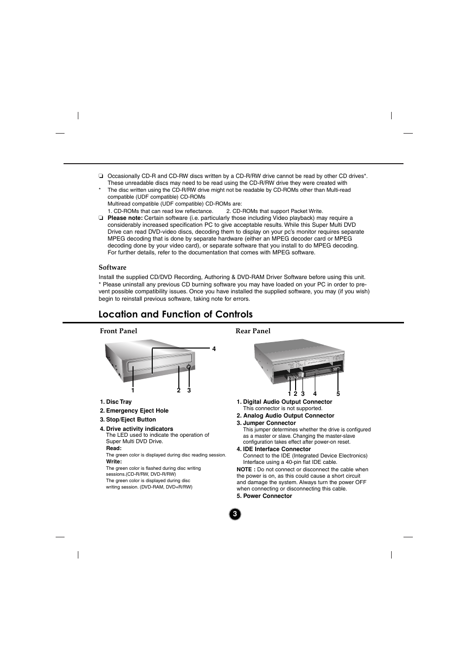 Location and function of controls, Software, Front panel | Rear panel, Digital audio output connector, Analog audio output connector 3. jumper connector, Ide interface connector, Power connector | LG GSA-4082B User Manual | Page 6 / 14