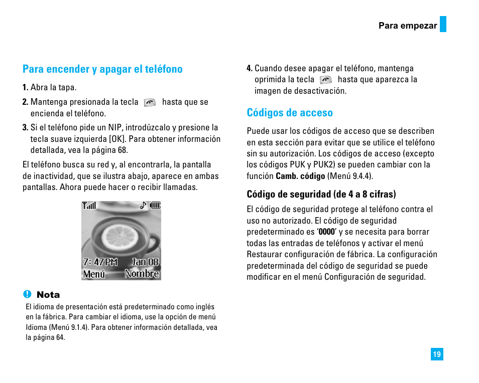 Para encender y apagar el teléfono, Códigos de acceso | LG 1500 User Manual | Page 117 / 196