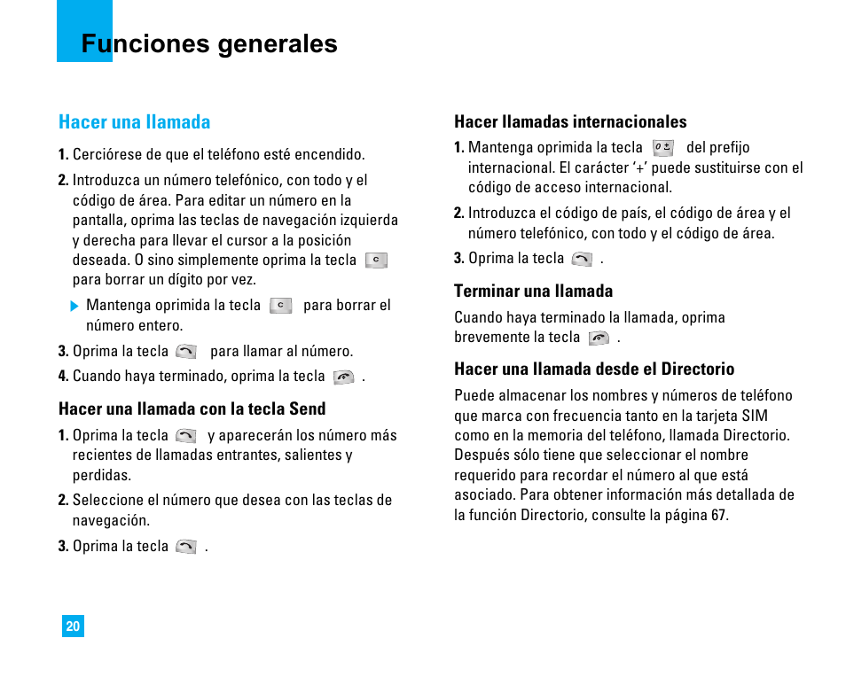 Funciones generales, Hacer una llamada | LG 1500 User Manual | Page 118 / 196