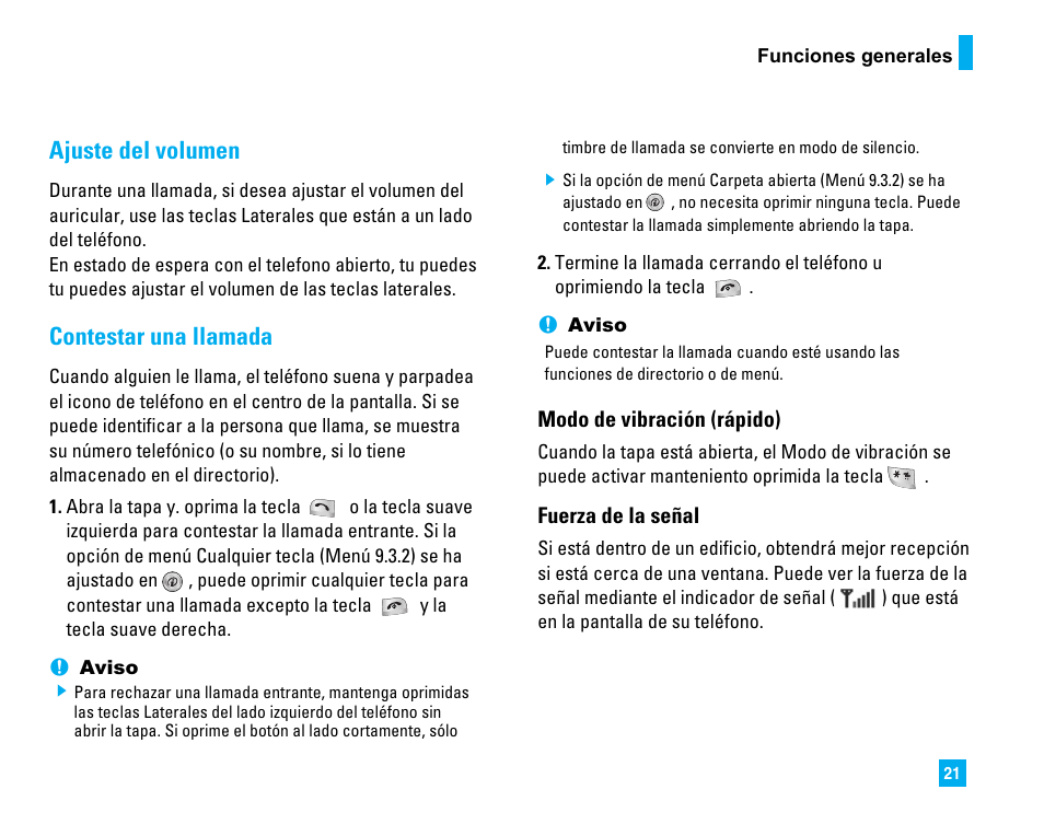 Ajuste del volumen, Contestar una llamada | LG 1500 User Manual | Page 119 / 196