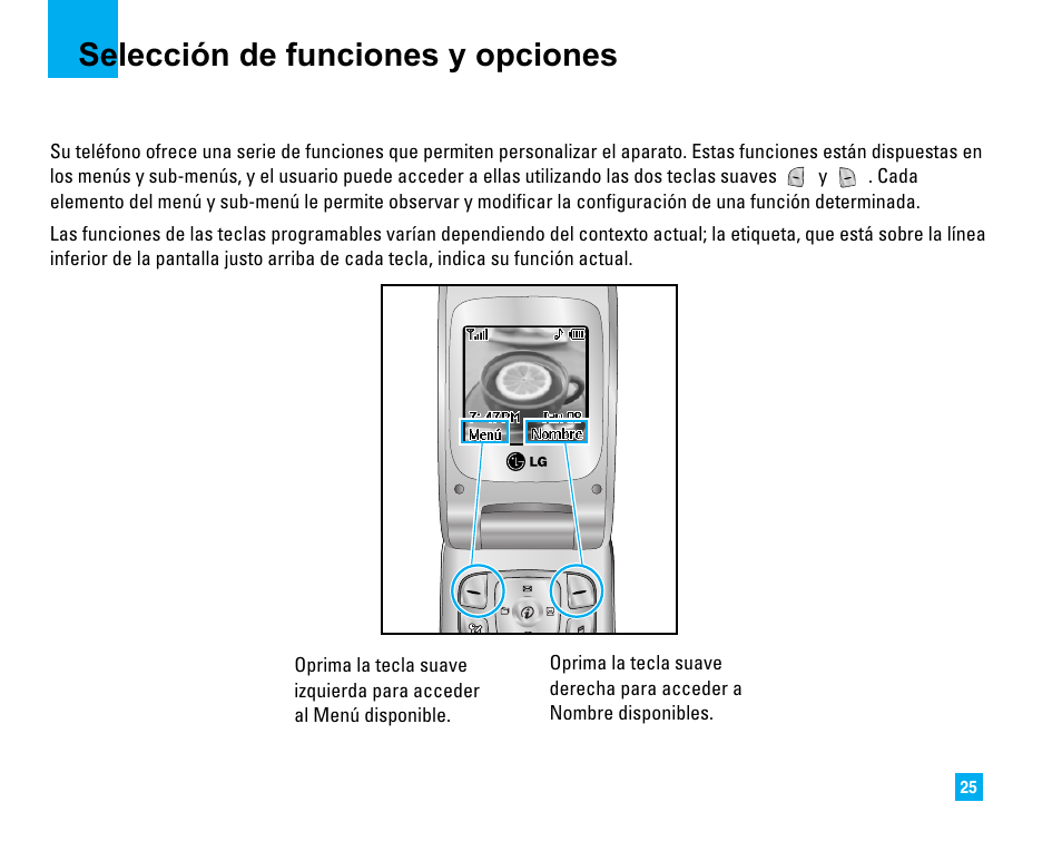 Selección de funciones y opciones | LG 1500 User Manual | Page 123 / 196