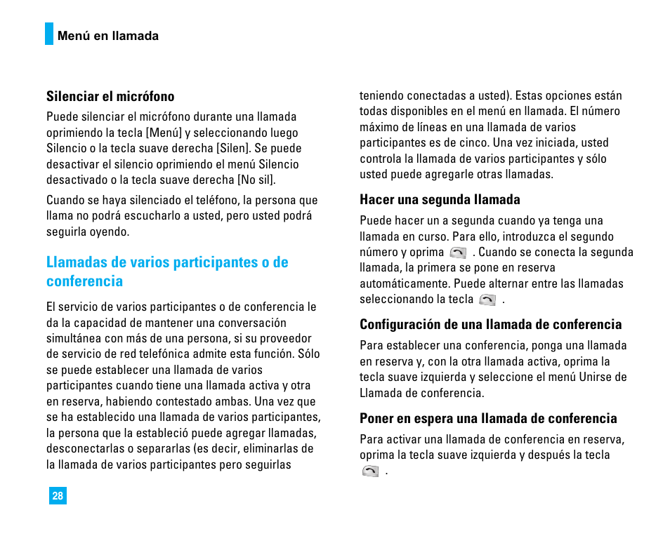 Llamadas de varios participantes o de conferencia | LG 1500 User Manual | Page 126 / 196