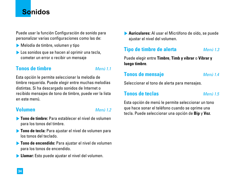 Sonidos, Tonos de timbre, Volumen | Tipo de timbre de alerta, Tonos de mensaje, Tonos de teclas | LG 1500 User Manual | Page 132 / 196