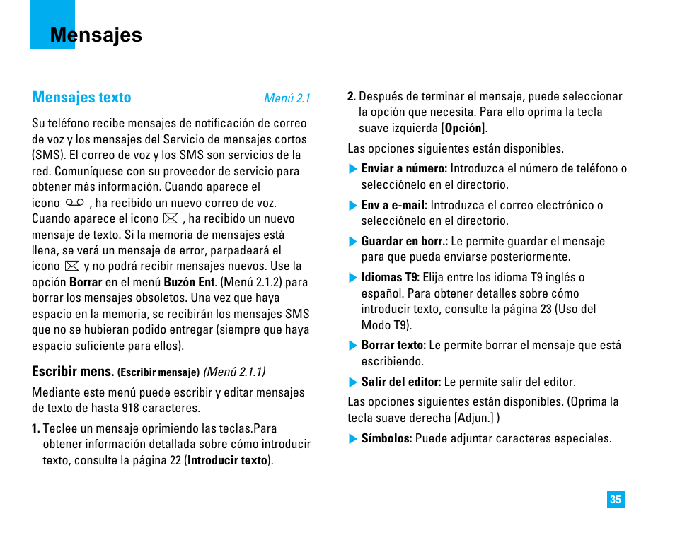 Mensajes, Mensajes texto | LG 1500 User Manual | Page 133 / 196