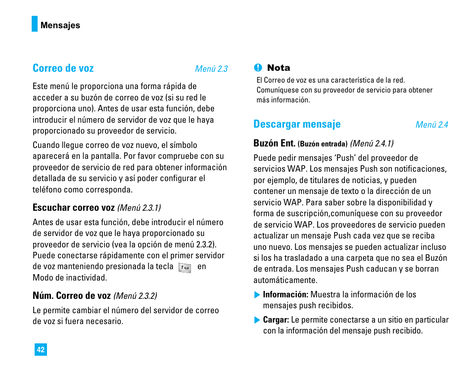 Correo de voz, Descargar mensaje | LG 1500 User Manual | Page 140 / 196