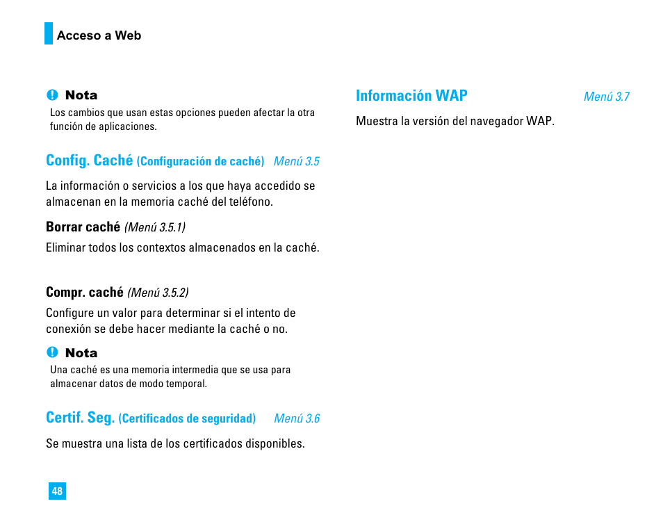 Config. caché, Certif. seg, Información wap | LG 1500 User Manual | Page 146 / 196