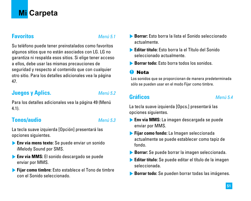 Mi carpeta, Favoritos, Juegos y aplics | Tonos/audio, Gráficos | LG 1500 User Manual | Page 149 / 196