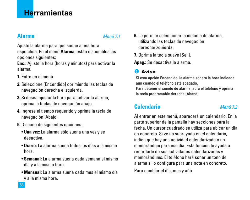 Herramientas, Alarma, Calendario | LG 1500 User Manual | Page 154 / 196