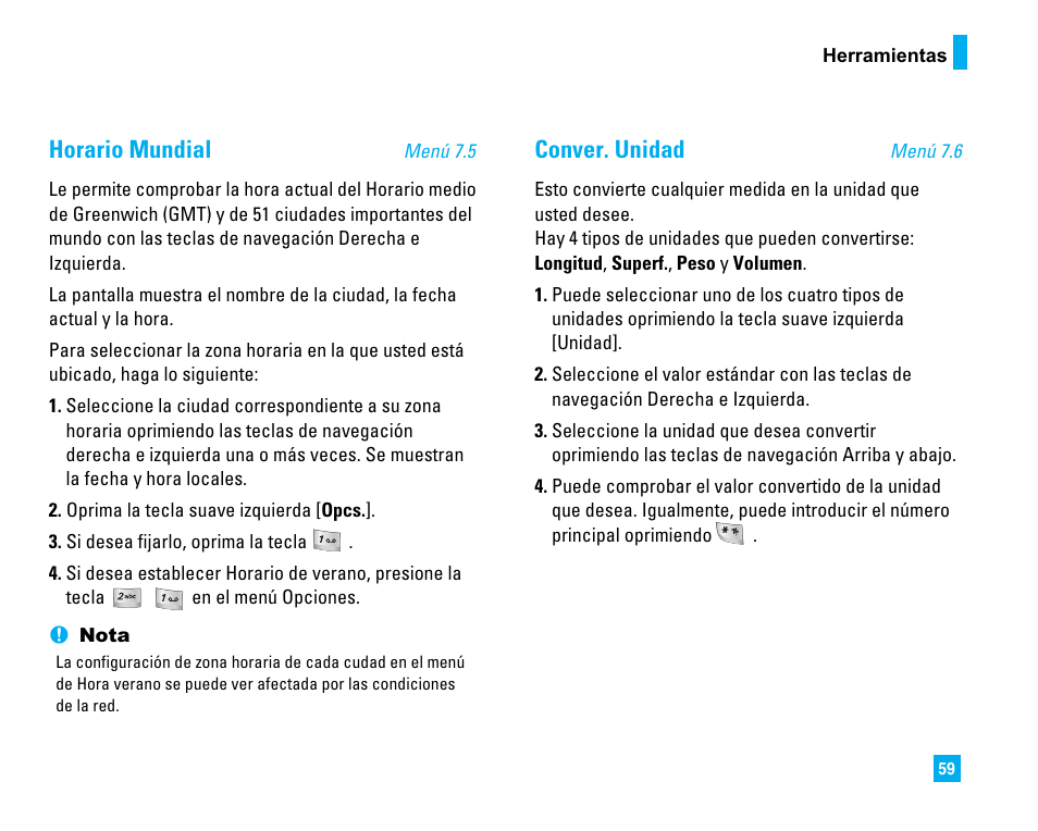 Horario mundial, Conver. unidad | LG 1500 User Manual | Page 157 / 196