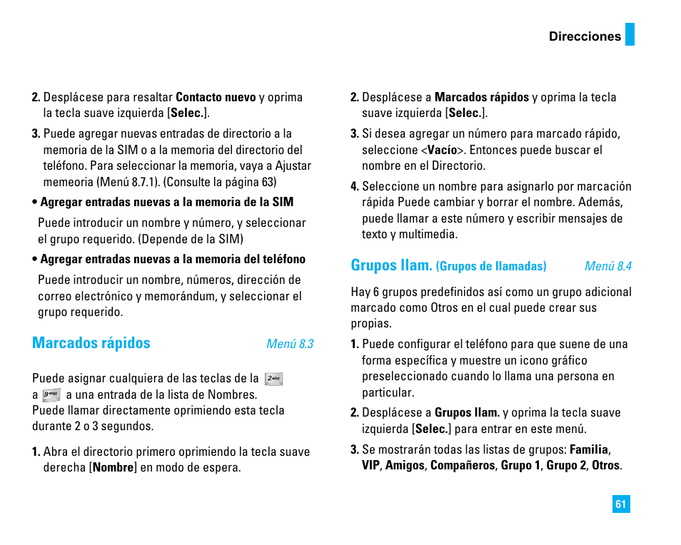 Marcados rápidos, Grupos llam | LG 1500 User Manual | Page 159 / 196