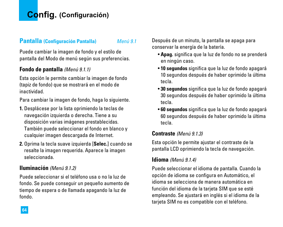 Config, Configuración) pantalla | LG 1500 User Manual | Page 162 / 196