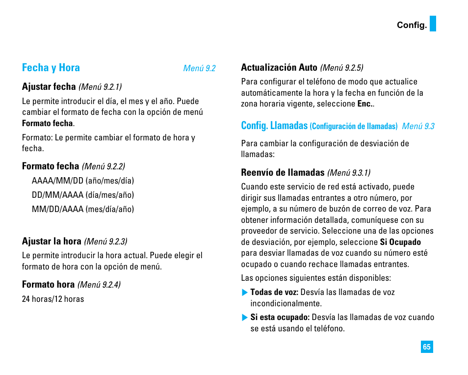 Fecha y hora, Config. llamadas | LG 1500 User Manual | Page 163 / 196