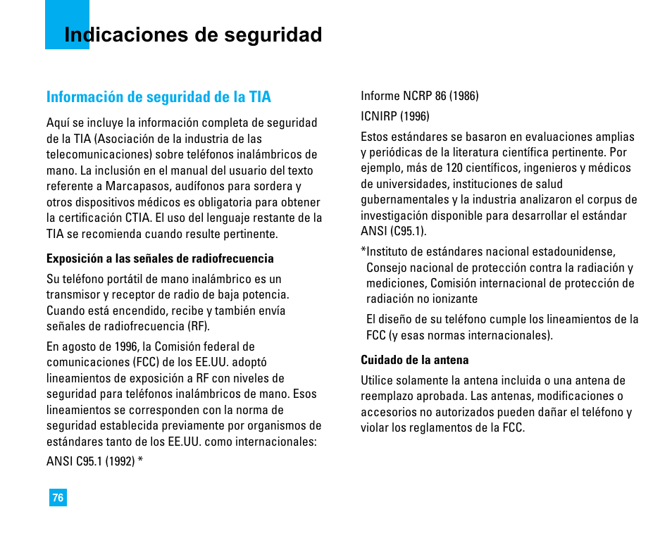 Indicaciones de seguridad, Información de seguridad de la tia | LG 1500 User Manual | Page 174 / 196