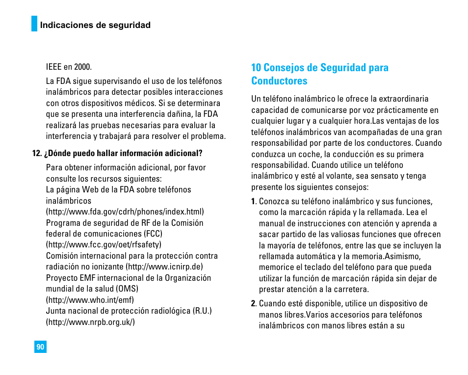 10 consejos de seguridad para conductores | LG 1500 User Manual | Page 188 / 196