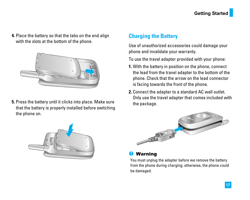 Charging the battery | LG 1500 User Manual | Page 21 / 196