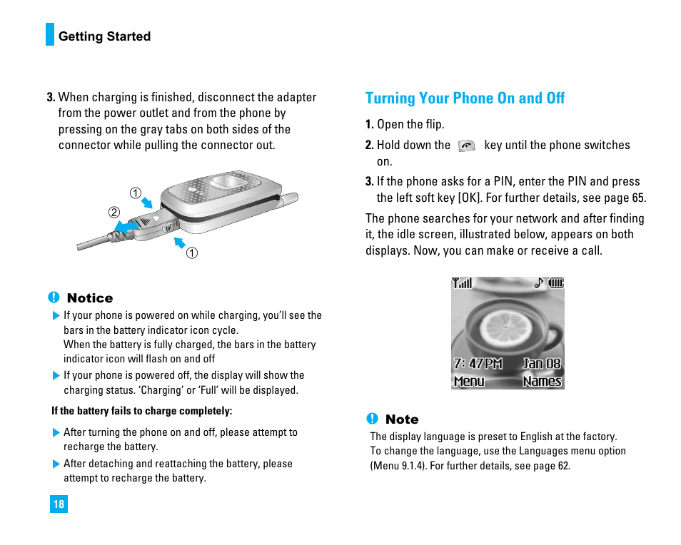 Turning your phone on and off | LG 1500 User Manual | Page 22 / 196