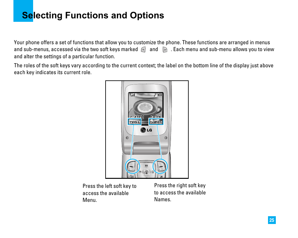 Selecting functions and options | LG 1500 User Manual | Page 29 / 196