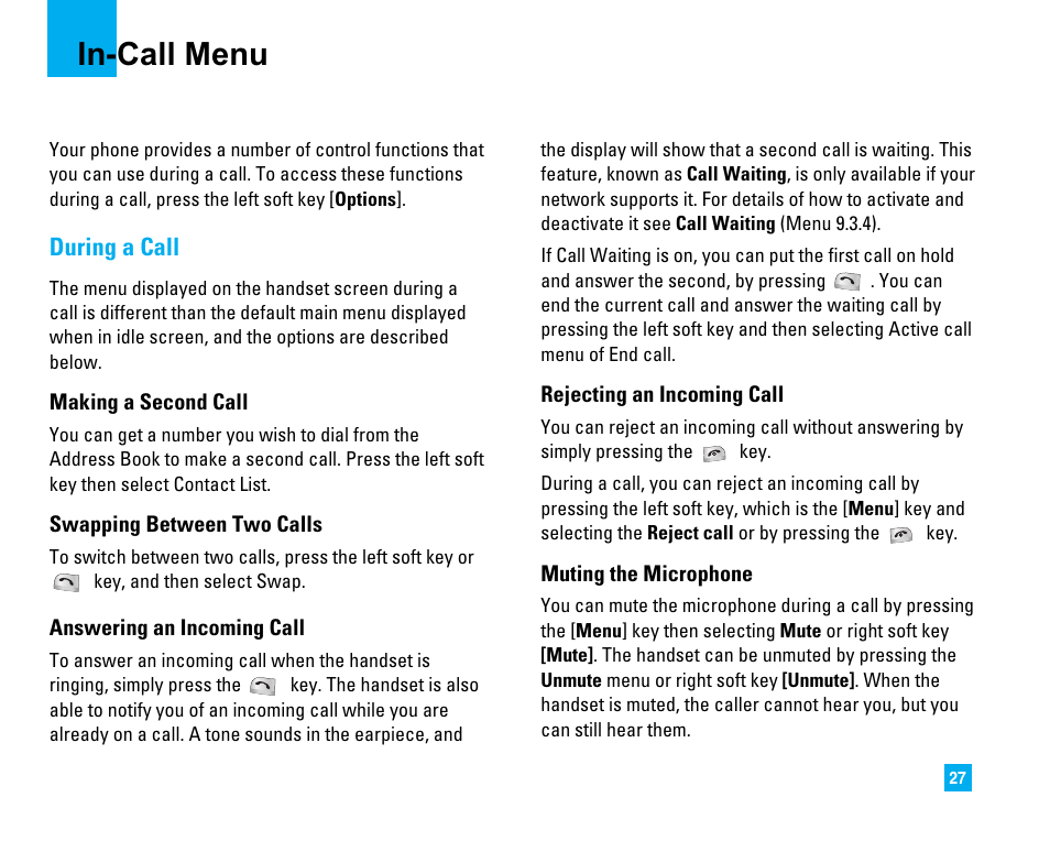 In-call menu, During a call | LG 1500 User Manual | Page 31 / 196