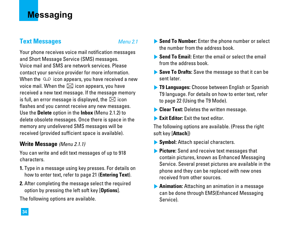 Messaging, Text messages | LG 1500 User Manual | Page 38 / 196